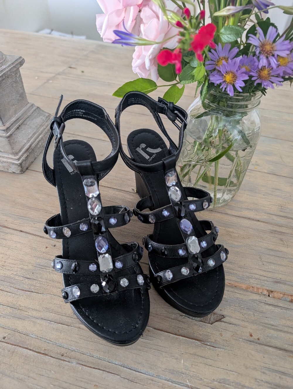 R2 Black Jeweled T-Strap Heeled Sandals